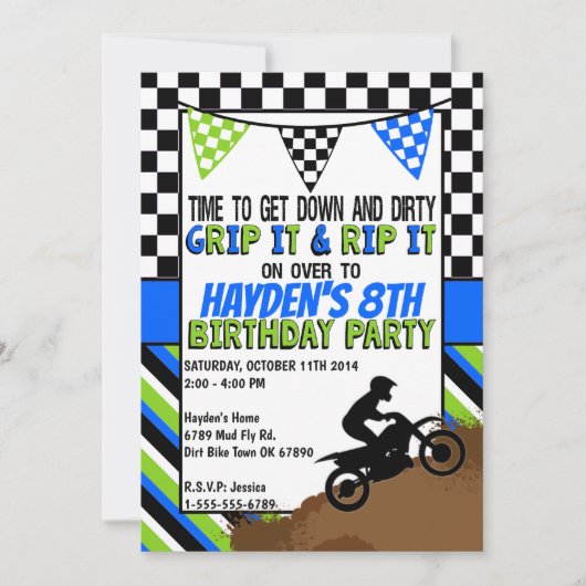 ダートバイク誕生日パーティーの招待状 招待状 (正面)