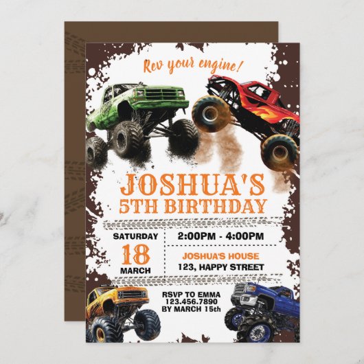 ダートモンスタートラック誕生日招待状 招待状 (正面/裏面)