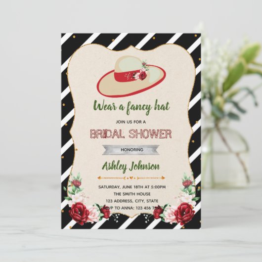 ダービーの大きい帽子のテーマのブライダルシャワーの招待 招待状 (スタンド正面)