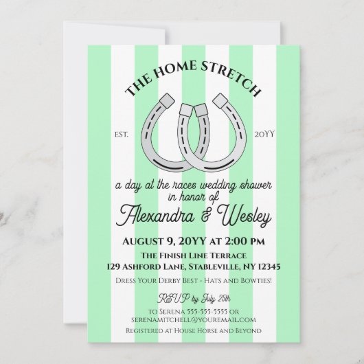 ダービーウェディングシャワーミントカバナストライプンズホースシュー 招待状 (正面)