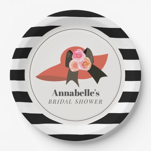 ダービースタイルの大きな赤い帽子とバラのブライダルシャワー ペーパープレート (正面)