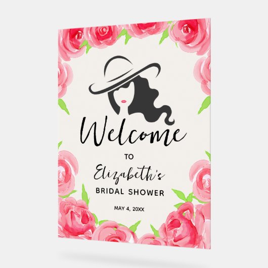 ダービーハットとバラブライダルシャワーへようこそ アクリルサイン (傾斜)