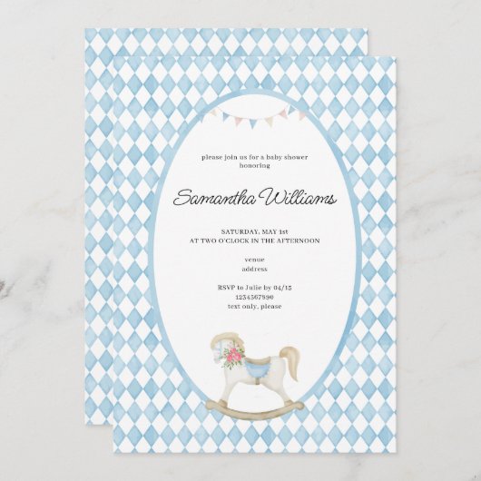 ダービーレースロッキングホース水カラー赤ちゃんシャワー 招待状 (正面/裏面)