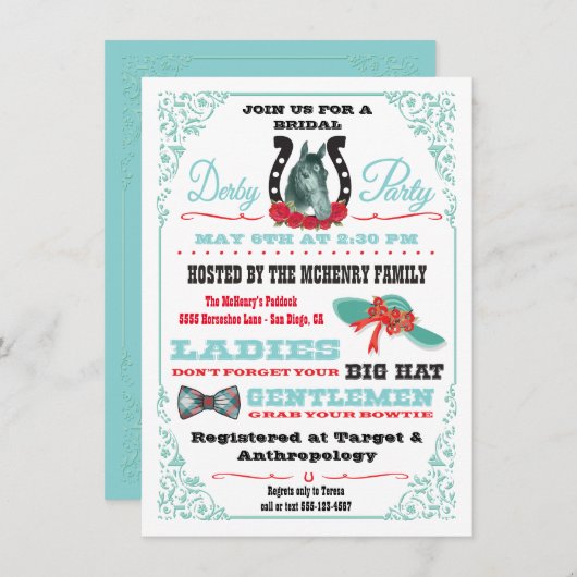 ダービー競馬ブライダルシャワーパーティの招待状 招待状 (正面/裏面)