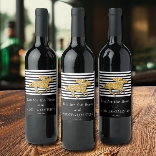 ダービー金ゴールド競走馬とジョッキーのストライプ ワインラベル