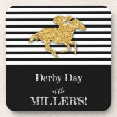 ダービー金ゴールド競走馬とブラックのジョッキーストライプ コースター (正面)