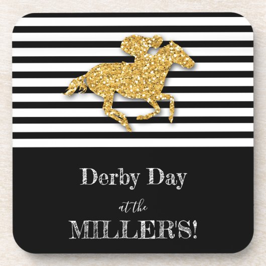 ダービー金ゴールド競走馬とブラックのジョッキーストライプ コースター (正面)
