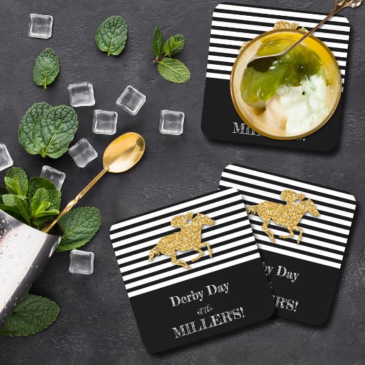 ダービー金ゴールド競走馬とブラックのジョッキーストライプ コースター