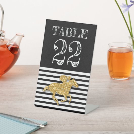 ダービー金ゴールド競走馬と騎手のテーブル番号 台座サイン (インサイチュ)