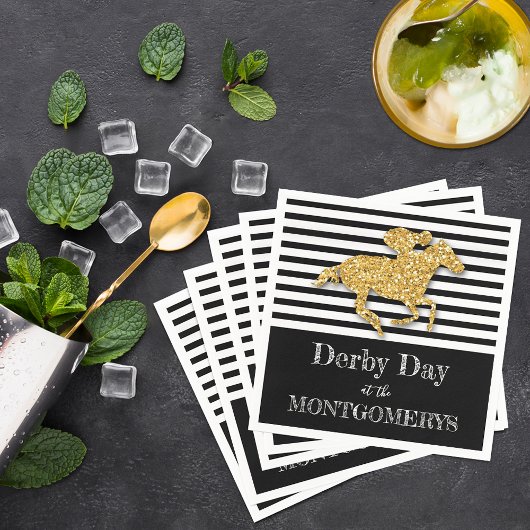 ダービー金ゴールド競走馬黒白ストライプ色 スタンダードカクテルナプキン