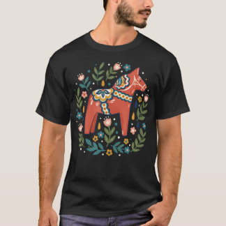 ダーラハスト民芸風花柄農場動物馬 Tシャツ