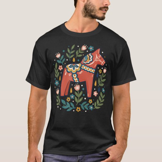 ダーラハスト民芸風花柄農場動物馬 Tシャツ (正面)