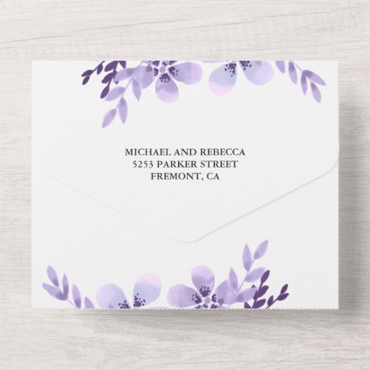 ダ素朴スティパープルフローラブーケプ結婚ラムズ オールインワン招待状 (裏面)