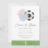 チアとサッカーの兄弟姉妹の合同誕生日パーティー 招待状 (正面)