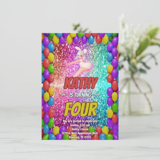 チアリーダーかわいいバニーポンポンおもしろい誕生日招待状 招待状 (スタンド正面)