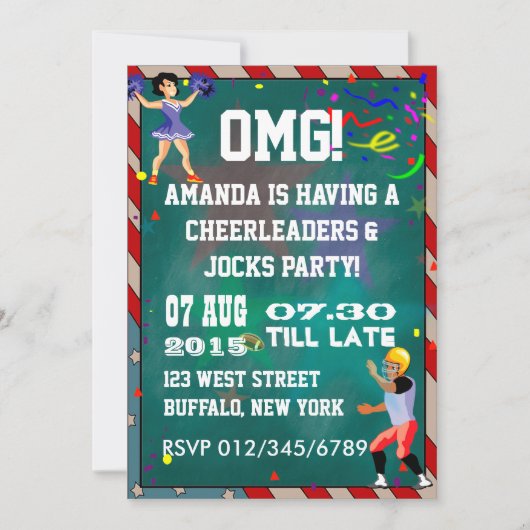 チアリーダーとスポーツマン 黒板 招待状 (正面)