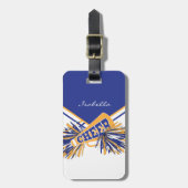 チアリーダーの金ゴールド、ホワイト、ブルーの衣装 ラゲッジタグ (正面縦)