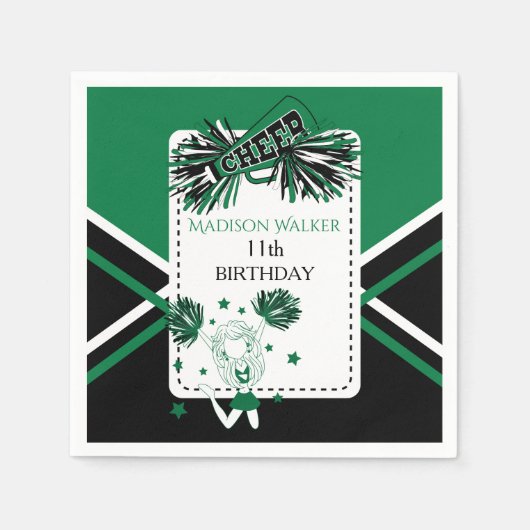 チアリーダーパーティーグリーン、黒、白 スタンダードカクテルナプキン (正面)