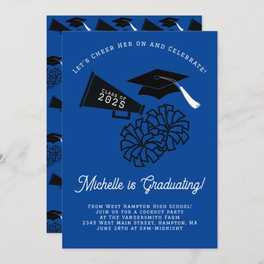 チアリーダー卒業パーティーブルーとブラック 招待状 (正面/裏面)
