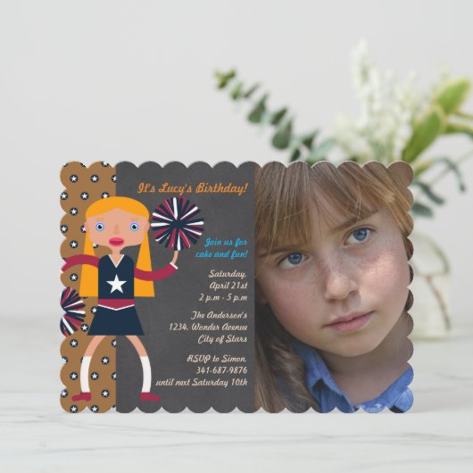 チアリーダー誕生日パーティーの写真の招待 招待状 (スタンド正面)