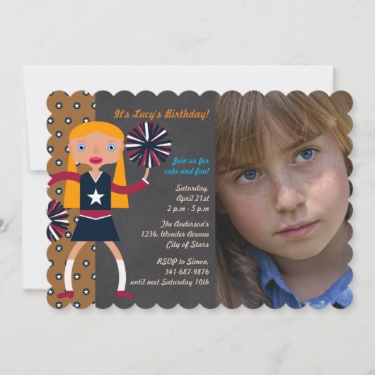 チアリーダー誕生日パーティーの写真招待状 招待状 (正面)