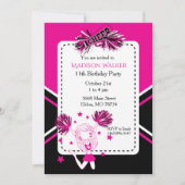 チアリーダー誕生日パーティー熱いピンク、黒、白 招待状 (正面)