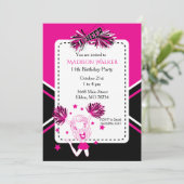 チアリーダー誕生日パーティー熱いピンク、黒、白 招待状 (スタンド正面)