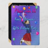 チアリーダー、紫とバルーン誕生日招待状 招待状 (正面/裏面)