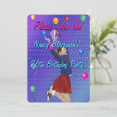 チアリーダー、紫とバルーン誕生日招待状 招待状 (スタンド正面)