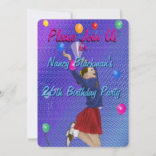 チアリーダー、紫とバルーン誕生日招待状 招待状 (正面)