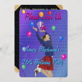 チアリーダー、紫と風船 招待状 (正面/裏面)