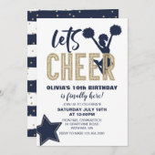 チアリーティングネイビーと金ゴールド応援誕生日 招待状 (正面/裏面)