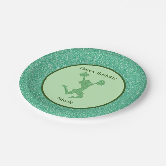 チアリーティングバースデーパーティーグリーンスパークル ペーパープレート (アングル)