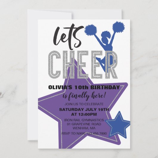 チアリーティングパープルブルー応援誕生日 招待状 (正面)