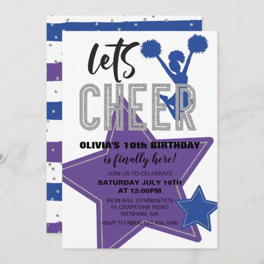 チアリーティングパープルブルー応援誕生日 招待状 (正面/裏面)