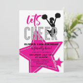 チアリーティングピンクシルバーブラック応援誕生日 招待状 (スタンド正面)