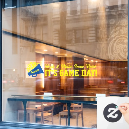 チアリーティングブルーとイエローゲームデイバック ウィンドウサイン (カフェ窓)