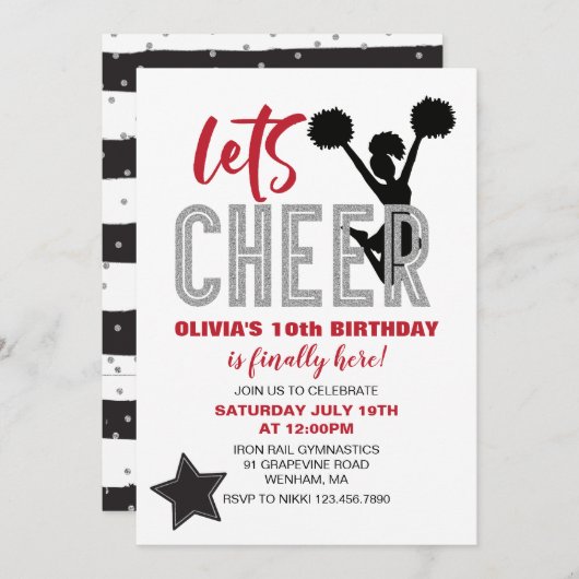チアリーティングレッド、シルバーおよびブラック応援誕生日 招待状 (正面/裏面)