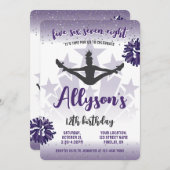 チアリーティング誕生日パーティー、任意の年齢パープル 招待状 (正面/裏面)