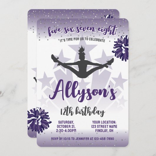 チアリーティング誕生日パーティー、任意の年齢パープル 招待状 (正面/裏面)