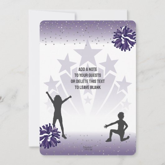 チアリーティング誕生日パーティー、任意の年齢パープル 招待状 (裏面)