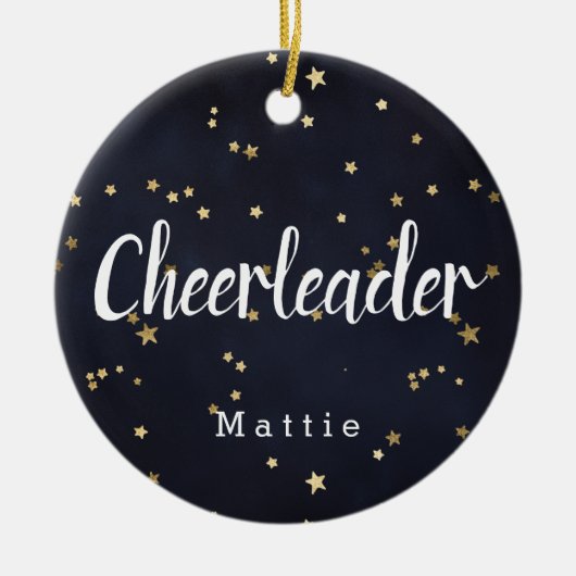 チアリーパーソナライズされたダーのネイビー・ブルーと金ゴールド・スターズ セラミックオーナメント (正面)