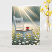 チェアとワイルドフラワーの赤いマグカップ誕生日 カード (黄色い花)