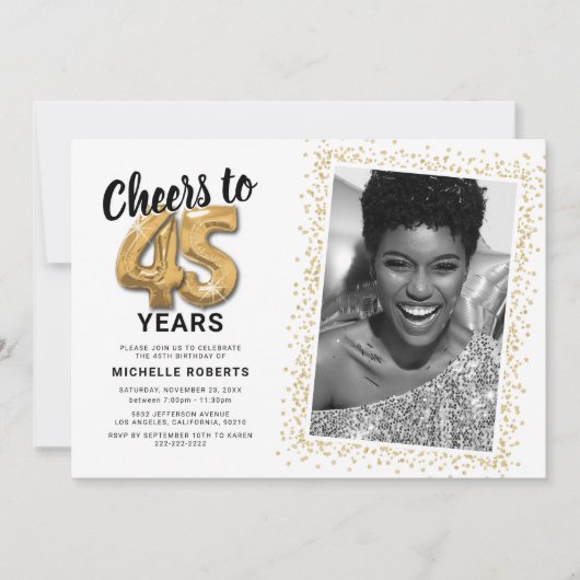 「チェアーズ・トゥ・ザ・イヤーズ」45歳の誕生日写真 招待状 (正面)
