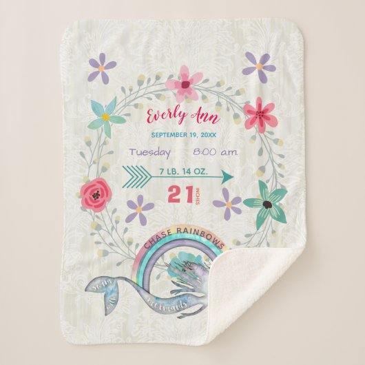 チェイス虹ベビーガール統計ウォーターカラーマーメイド シェルパブランケット (正面)