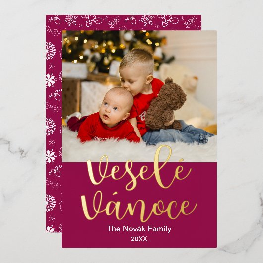 チェコのメリークリスマス、ヴェセレ・ヴァノスエレガント、 箔シーズンカード (正面/裏面)