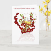 チェコの結婚記念日 ワインボトルとシャンパンフラワー カード (黄色い花)