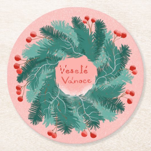 チェコメリークリスマスリース ラウンドペーパーコースター (正面)
