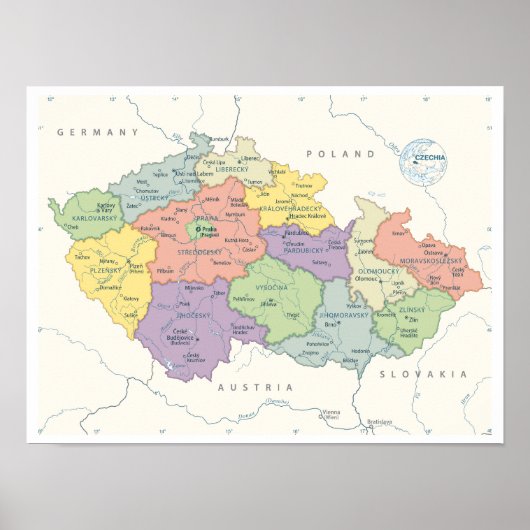 チェコ共和国の詳細地図 ポスター (正面)