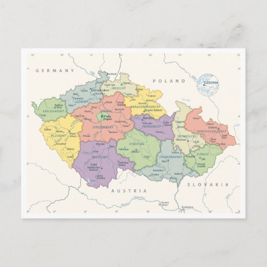 チェコ共和国の詳細地図 ポストカード (正面)